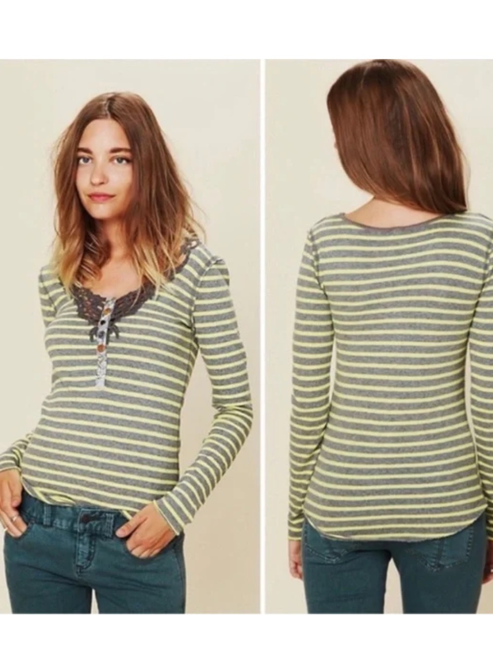 We The Free Call Back Henley Top Size Medium Striped Crochet Boho Bella Swan